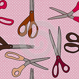 Hand drawn seamless pattern with scissors sewing crafts dressmaking items. Pink brown beige polka dot background, tailor