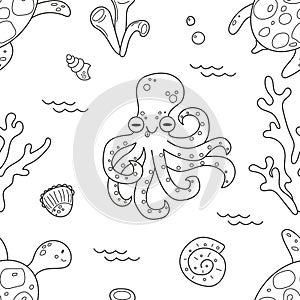Hand drawn seamless pattern of sea world, octopus, shell, water turtle
