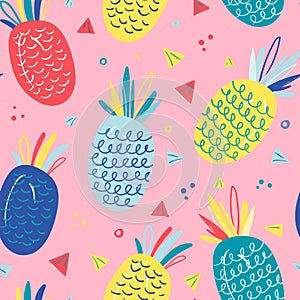 Hand drawn  seamless pattern with sketch modern handdrawn style pineapple in bright neon colors. Endless background with fru