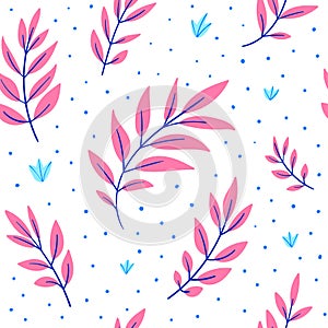 Hand-drawn seamless pattern. Small birch and large pink leaves on a white background with blue spots. Decorative background for