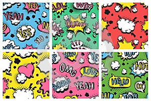 Hand drawn seamless pattern with speech bubbles for text. Vector pop art background and words. Doodle element for dialog or comic