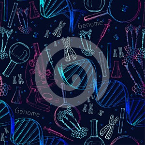 Hand drawn seamless pattern of structure of DNA. genome sequence. Health and biochemistry laboratory of nanotechnology