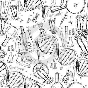 Hand drawn seamless pattern of structure of DNA. genome sequence. Health and biochemistry laboratory of nanotechnology