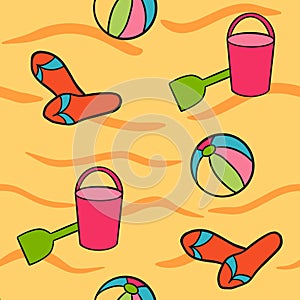 Hand drawn seamless pattern with summer beach toys on yellow sand. Red flip flops green shovel pink bucket blue ball