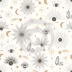 Hand drawn seamless pattern of Sun, Moon, star, sunburst, diamond, eye in line art. Celestial space vector. Magic space galaxy