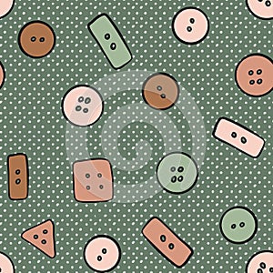 Hand drawn seamless pattern with tbeige brown button sewing crafts dressmaking items. Sage green neutral polka dot