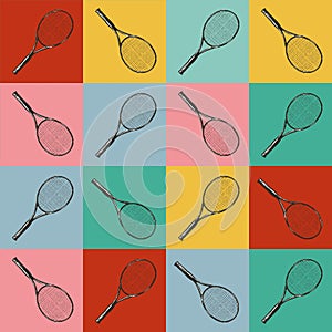 Hand drawn seamless pattern with tennis rackets on colorful blue green red checkerboard checks. Sport game play