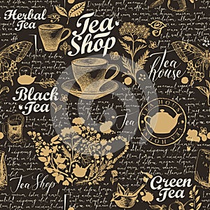 Hand-drawn seamless pattern on the theme of tea
