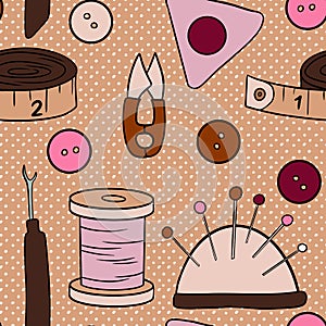 Hand drawn seamless pattern with thread needle tape button sewing crafts dressmaking items. Pink brown beige polka dot