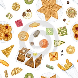 Hand drawn seamless pattern with traditional oriental confections or delicious pastry on white background. Elegant