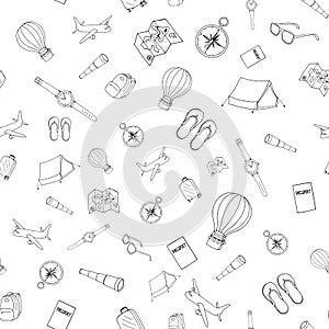 Hand drawn seamless pattern with travel items