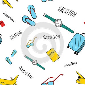 Hand drawn seamless pattern with travel items and lettering vacation on white background. Vector Illustration