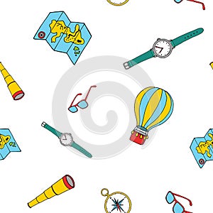 Hand drawn seamless pattern with travel items on white background. Vector Illustration
