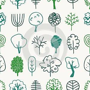 Hand drawn seamless pattern with trees. Eco background. Abstract  doodle drawing woods. Vector art illustration plants