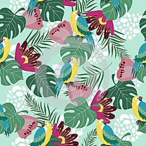 Hand drawn seamless pattern with tropical birds, flowers and leaves on blue background. Vector flat illustration of