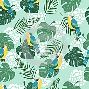 Hand drawn seamless pattern with tropical birds and leaves on blue background. Vector flat illustration of parrots .