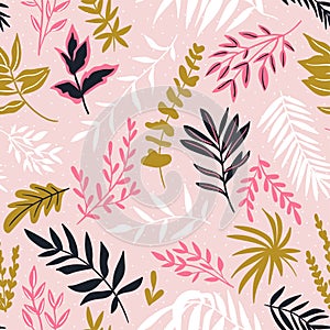 Hand drawn seamless pattern with tropical leaves. Botanical vector repeating background.