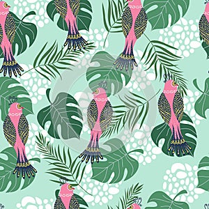 Hand drawn seamless pattern with tropical pink birds, flowers and leaves on blue background. Vector flat illustration