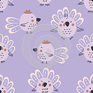 Hand drawn seamless pattern with turkeys and roosters. Perfect for T-shirt, postcard, textile and print. Cartoon style