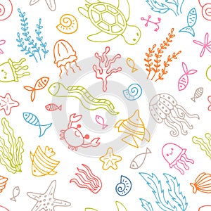 Hand drawn seamless pattern with underwater animals. Ocean, sea life. Nautical background