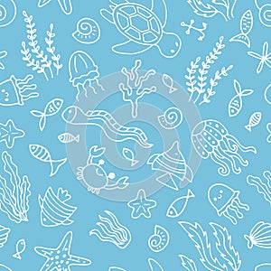 Hand drawn seamless pattern with underwater animals. Ocean, sea life. Nautical background