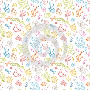 Hand drawn seamless pattern with underwater animals. Ocean, sea life. Nautical background