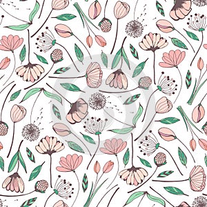 Hand drawn seamless pattern vector of different flowers, wildflowers, leaves. Spring colored floral doodle illustration for design