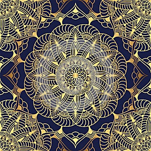 Hand drawn seamless pattern vector of golden mandala with floral elements. Vintage mosaic for design tile, cards, wallpaper,