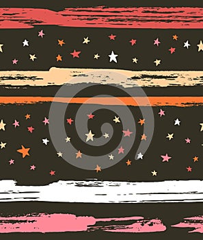 Hand drawn seamless pattern. Vector hipster background stripe design with stars on the night sky.