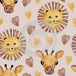 Hand drawn seamless pattern with watercolor african lions and giraffe. Cute beige brown heart, funny animal print for