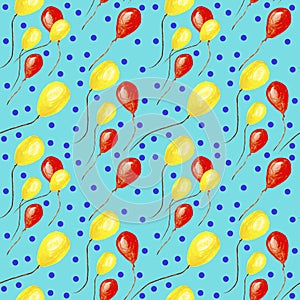 Hand drawn seamless pattern watercolor  red and yellow  flying balloons,confetti  isolated on blue background.