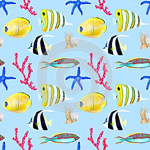 Hand drawn seamless pattern in watercolor sea world natural element. Corals shells fish on baby blue background.