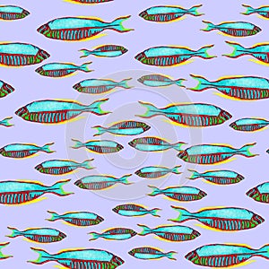 Hand drawn seamless pattern in watercolor sea world natural element. Fish on gray background.