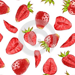 Hand drawn seamless pattern with watercolor strawberries on the white background