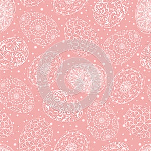 Hand drawn seamless pattern of white eggs with patterns, mandala, flowers, leaves, light, pink background. Ornate illustration at