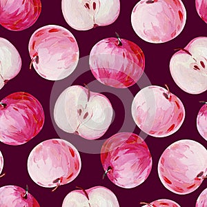 Hand-drawn seamless pattern with whole red striped apples and cross section of red apple on a dark background