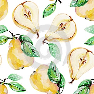 Hand-drawn seamless pattern with whole yellow pear with green leaves and cross section of yellow pear