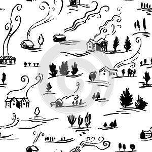Hand drawn seamless pattern winter landscape with houses in doodle incomplete style. photo
