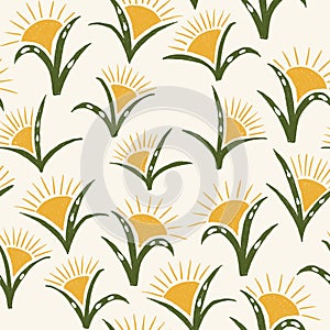 Hand drawn seamless pattern with yellow flowers in shape of sun green leaves on beige background. Dew drop on leaf