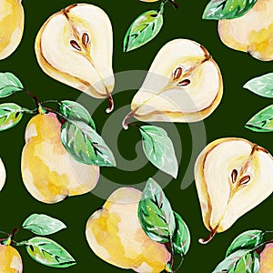 Hand-drawn seamless pattern with yellow pears with green leaves on a dark background