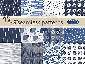 Hand drawn seamless patterns set. 12 grunge vector texture.