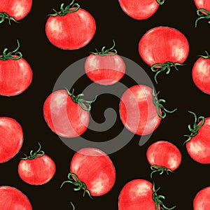 Hand drawn seamless repeated pattern with watercolor ripe red tomatoes