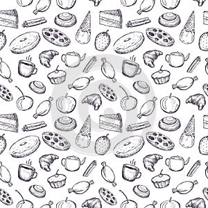Hand drawn seamless texture of sweets doodles.