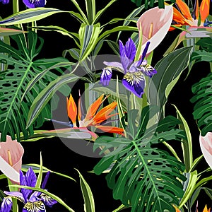 Hand drawn seamless tropical floral pattern with colorful flowers and many kind of tropical leaves.