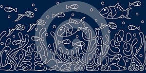 Hand-drawn seamless underwater border . Horizontal coral reef, seaweed fish.