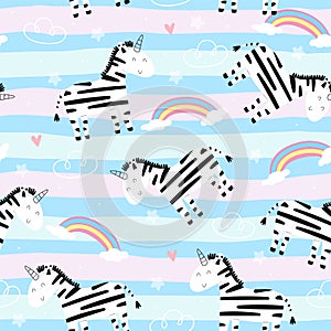 Hand drawn seamless vector pattern with cute zebra. Repetitive wallpaper. Perfect for kids apparel,fabric, textile, nursery photo
