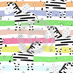 Hand drawn seamless vector pattern with cute zebra. Repetitive wallpaper. Perfect for kids apparel,fabric, textile, nursery photo
