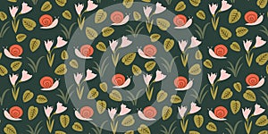 hand drawn seamless vector pattern illustration with red snail, pink flowers and green leaves and grass on dark green background