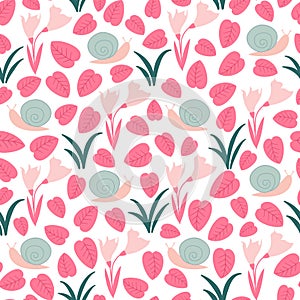 hand drawn seamless vector pattern illustration with snail, pink flowers and leaves, green grass on white background