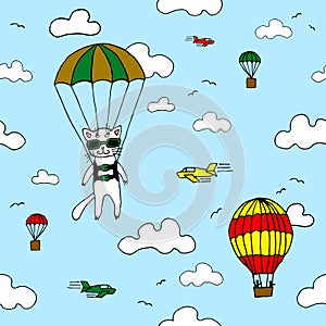 Hand-drawn seamless vector pattern with skydiver cat, air baloon, planes and clouds. Design concept for kids textile print